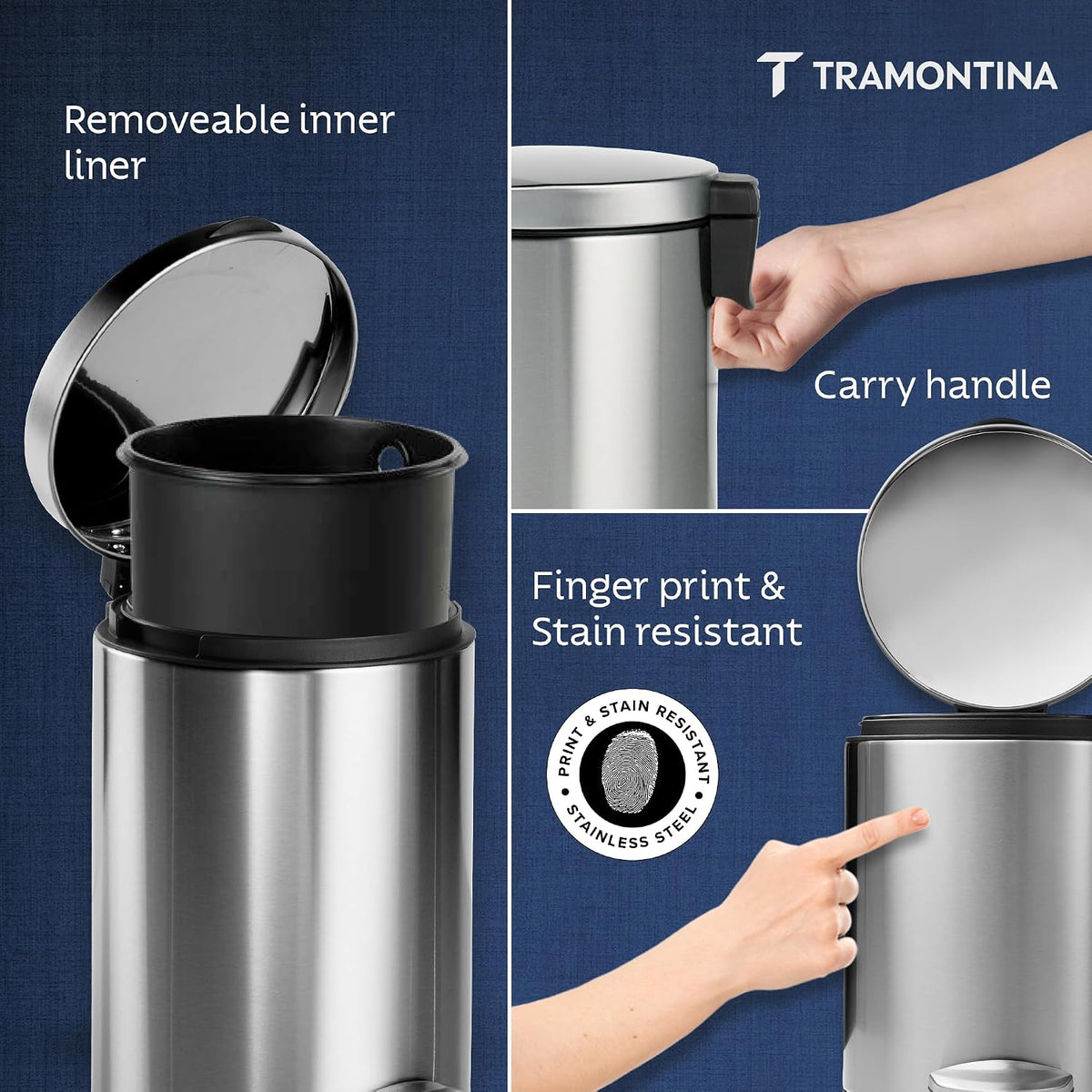 TRAMONTINA 11 Litre Stainless Steel Step Dustbin | Fingerprint-Resistant Finish | Soft-Close Lid | Removable Inner Bucket | Round Trash Can for Home, Office & Hospitality