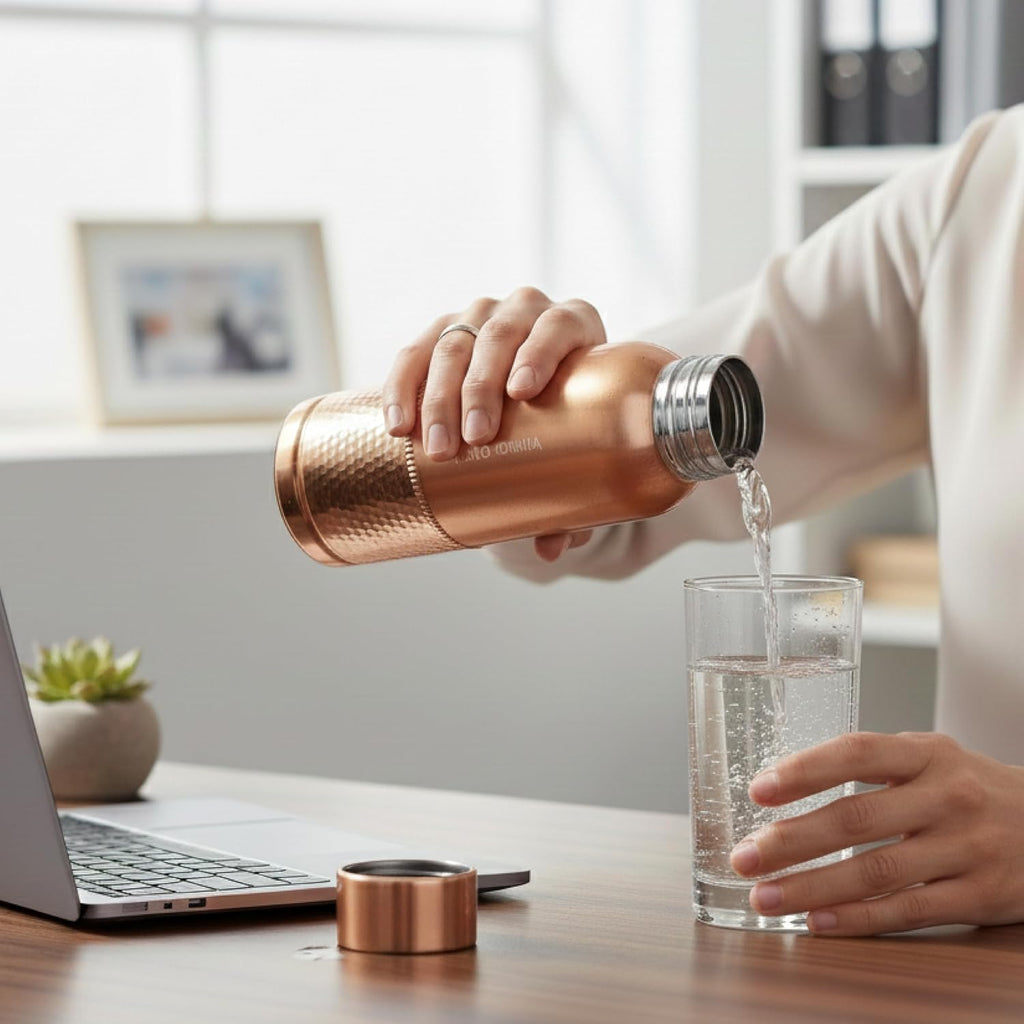 CELLO Megha Copper Water Bottle For Daily & Office Use 1000 ml | Leakproof & Rustproof ISI Certified Single Wall 100% Pure Copper Promotes Immunity, Improve Digestion & Supports Healthy Living