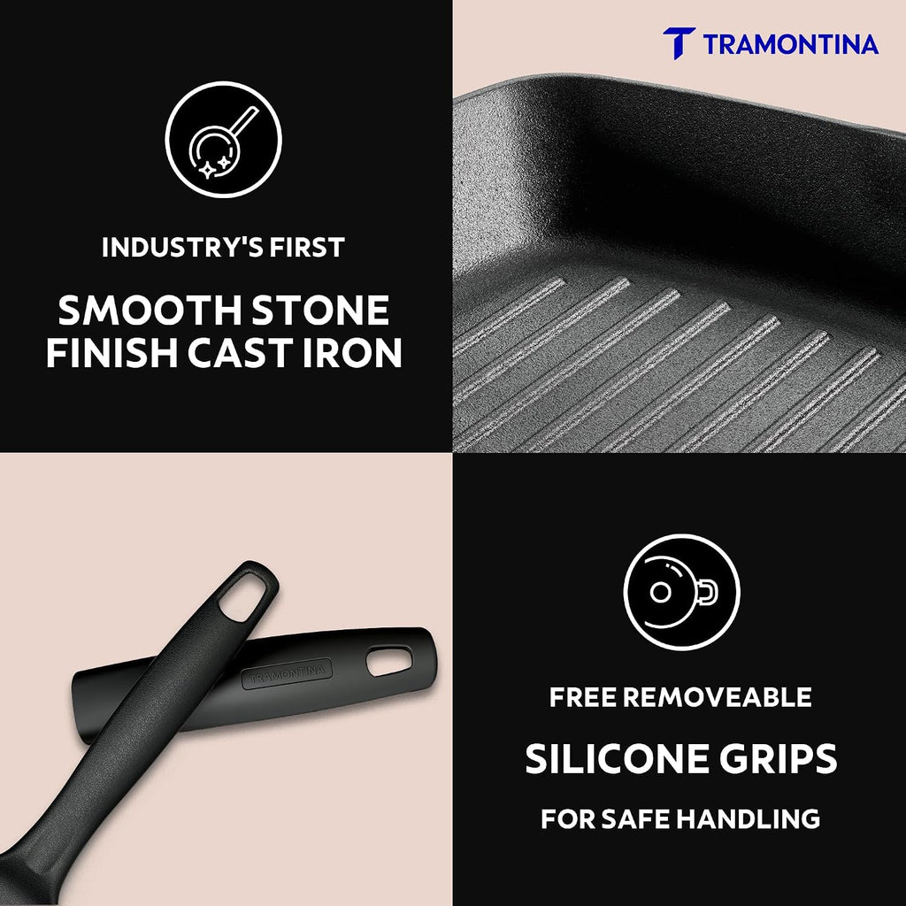 Tramontina Titanex 27 cm Pre-Seasoned Cast Iron Grill Pan, Non-Toxic, Induction Ready, Easy Hold Non-Slip Heat-Resistant Grip, Deep Ridges for Enhanced Texture & Fat Release, Spouts for Easy Deglazing