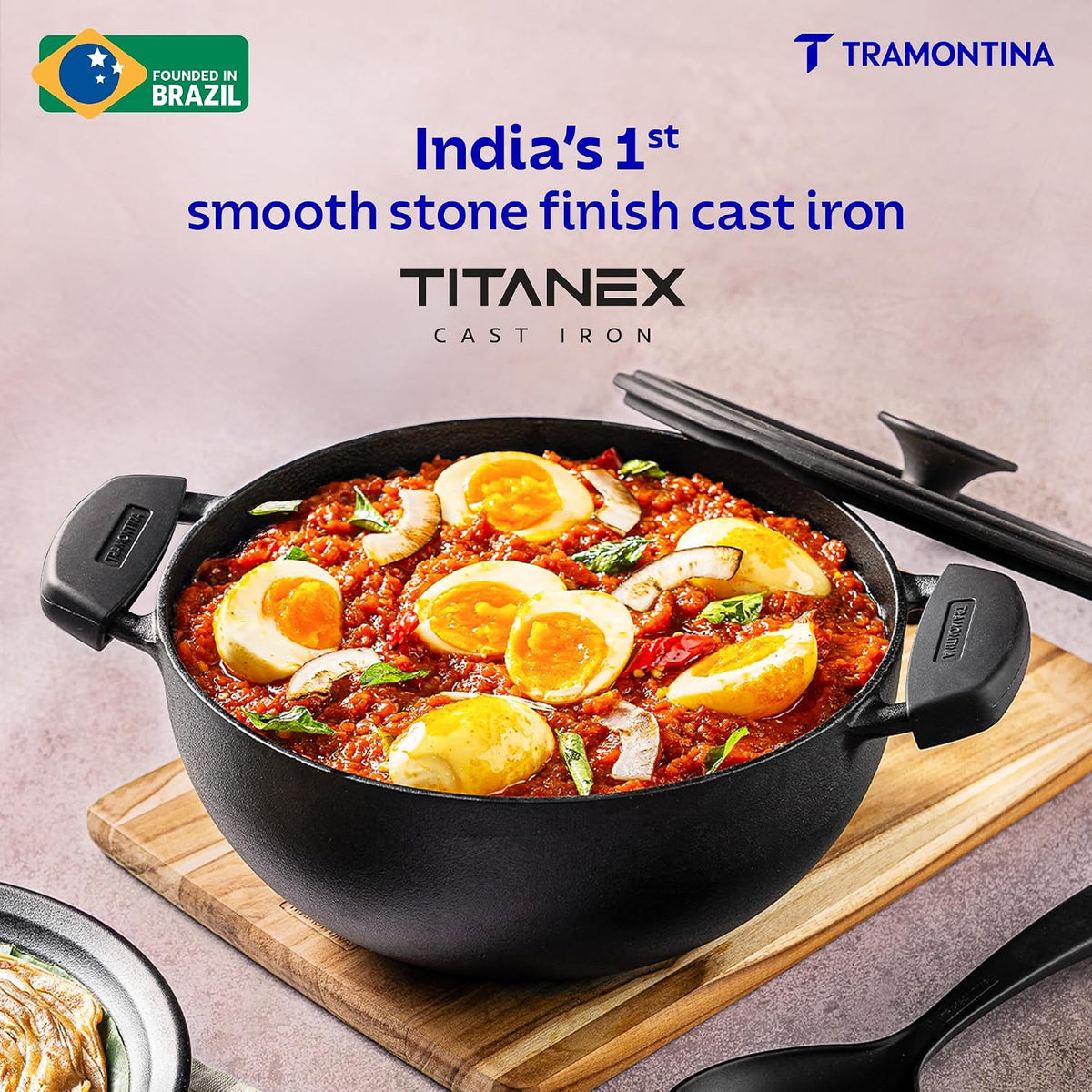 TRAMONTINA TITANEX 30cm / 6.8 L Pre-Seasoned Heritage Cast Iron Deep Kadai with Toughened Glass Lid | Snap-On Silicone Grips | Kadhai for Curry | Gas/Induction Cookware | Life-Time Warranty
