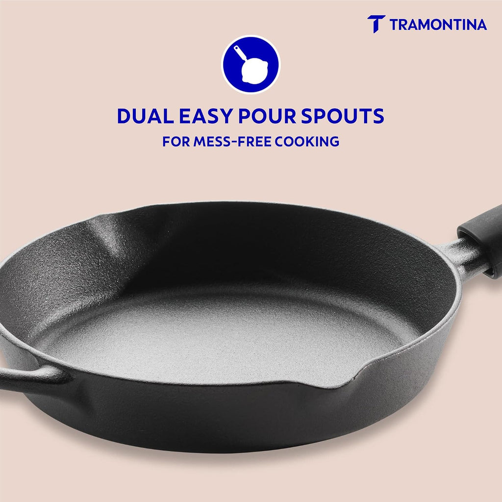 TRAMONTINA Titanex 22cm Cast Iron Fry Pan – Pre-Seasoned Skillet with Pour Spouts | Saute, Stir-Fry, Deep Fry, Sear & Bake | Gas & Induction Compatible | Natural Stone Finish.