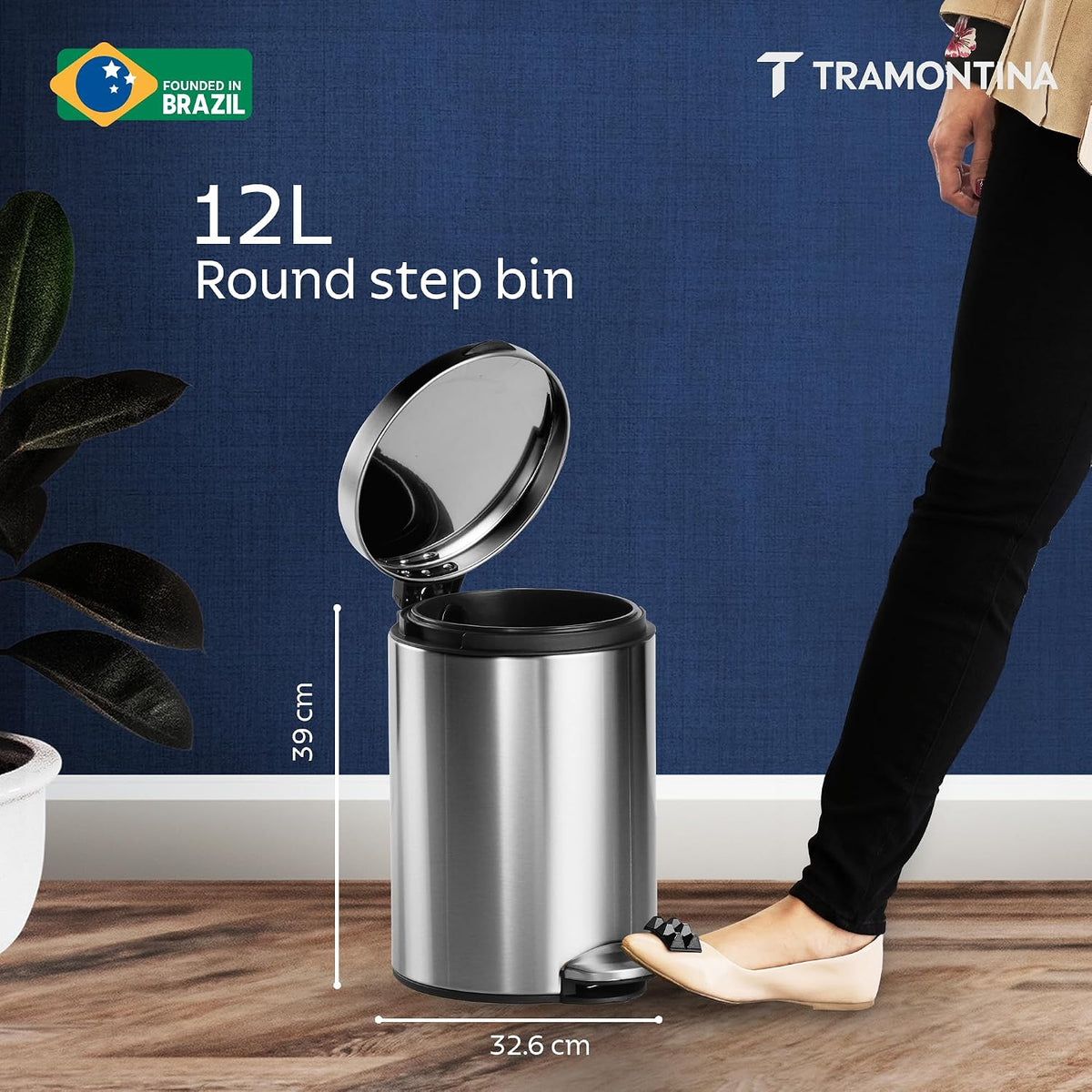 TRAMONTINA 11 Litre Stainless Steel Step Dustbin | Fingerprint-Resistant Finish | Soft-Close Lid | Removable Inner Bucket | Round Trash Can for Home, Office & Hospitality