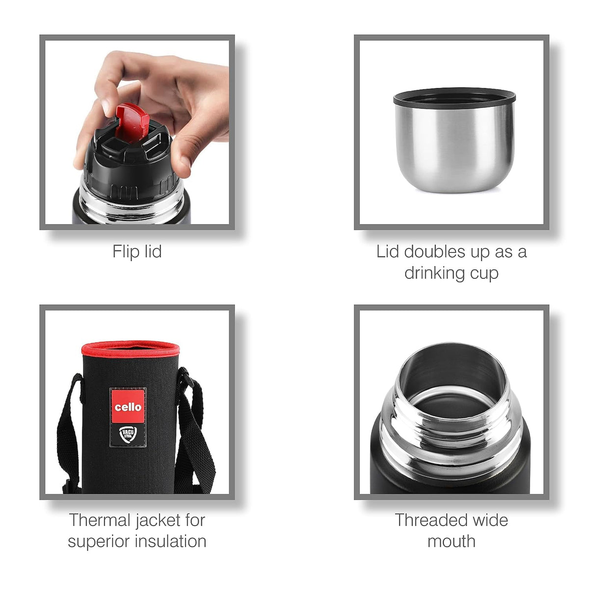 CELLO Duro Flip Stainless Steel Hot & Cold Flip Lid Flask with Jacket 1000 ml Black | Double Wall Vacuum Insulated Rust & Scratch Resistant Leakproof Thermosteel Flask Water Bottle For Office & Travel
