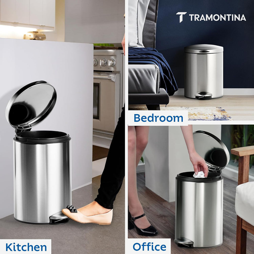 TRAMONTINA 11 Litre Stainless Steel Step Dustbin | Fingerprint-Resistant Finish | Soft-Close Lid | Removable Inner Bucket | Round Trash Can for Home, Office & Hospitality