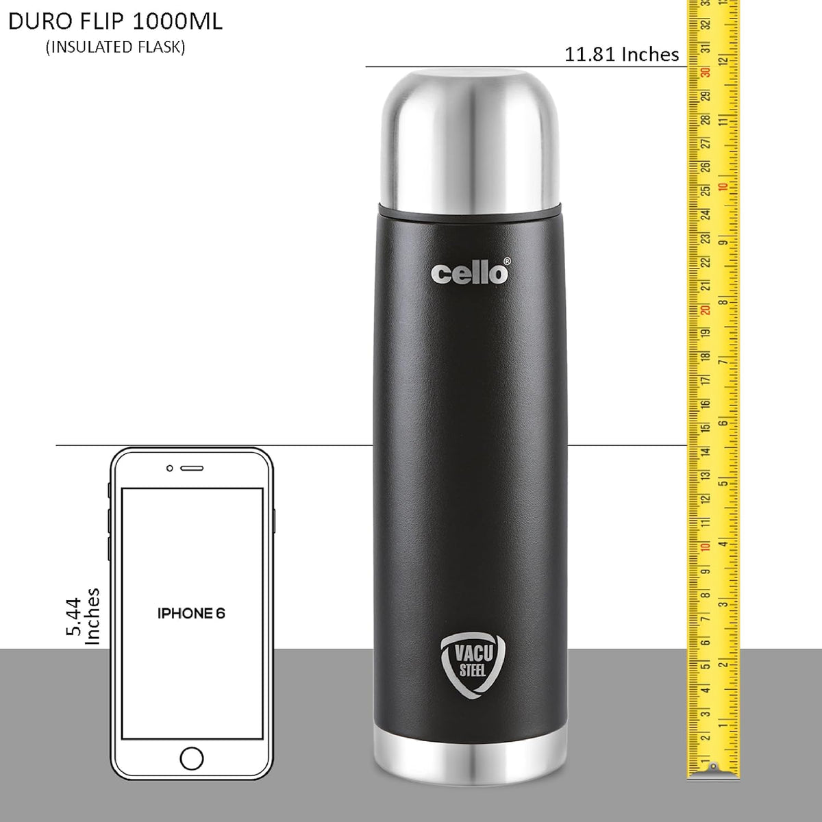 CELLO Duro Flip Stainless Steel Hot & Cold Flip Lid Flask with Jacket 1000 ml Black | Double Wall Vacuum Insulated Rust & Scratch Resistant Leakproof Thermosteel Flask Water Bottle For Office & Travel