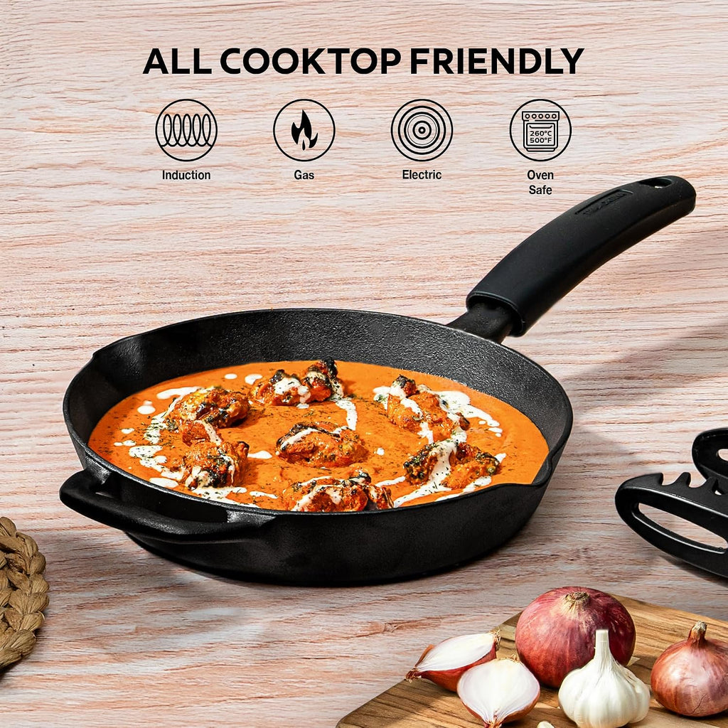 TRAMONTINA Titanex 22cm Cast Iron Fry Pan – Pre-Seasoned Skillet with Pour Spouts | Saute, Stir-Fry, Deep Fry, Sear & Bake | Gas & Induction Compatible | Natural Stone Finish.