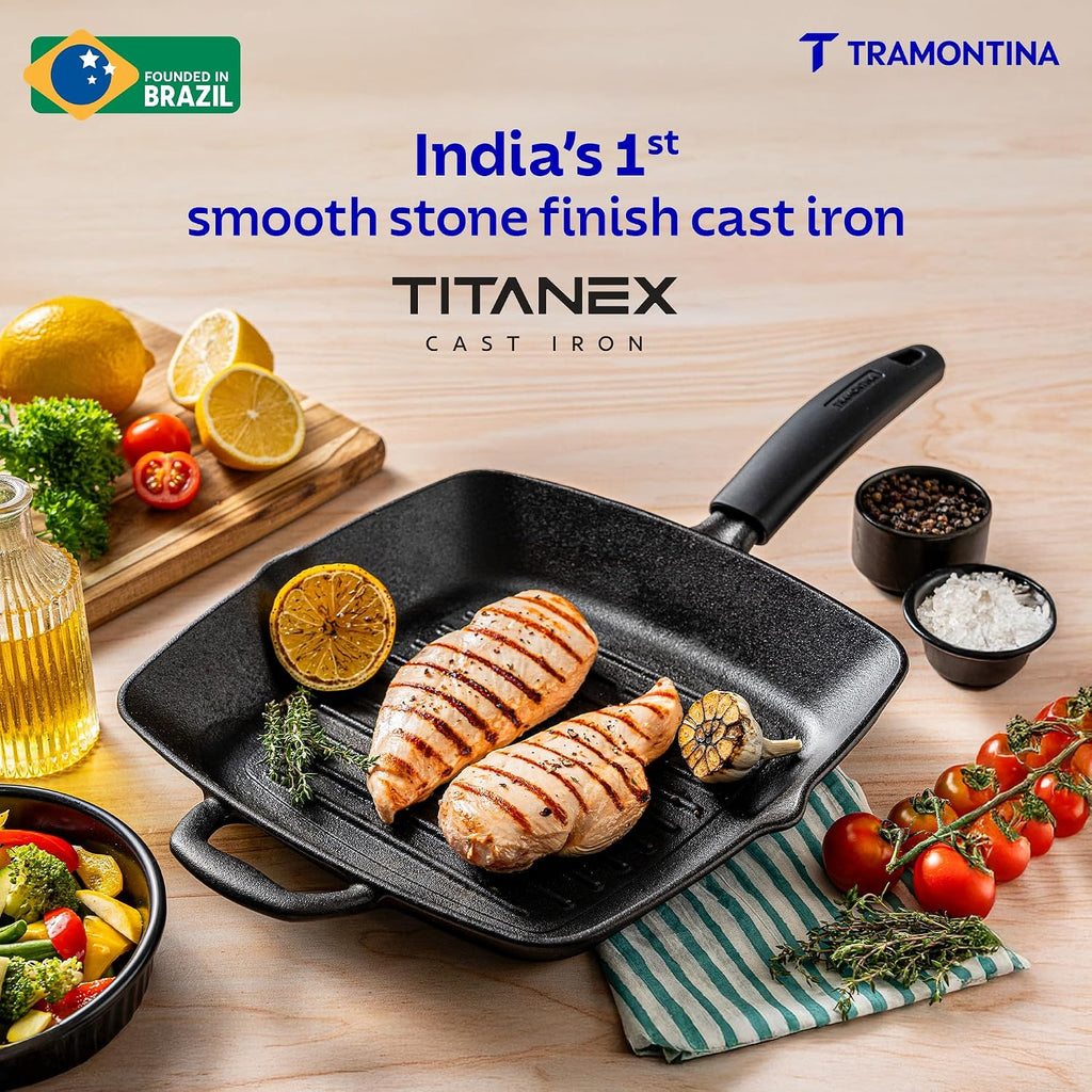 Tramontina Titanex 27 cm Pre-Seasoned Cast Iron Grill Pan, Non-Toxic, Induction Ready, Easy Hold Non-Slip Heat-Resistant Grip, Deep Ridges for Enhanced Texture & Fat Release, Spouts for Easy Deglazing