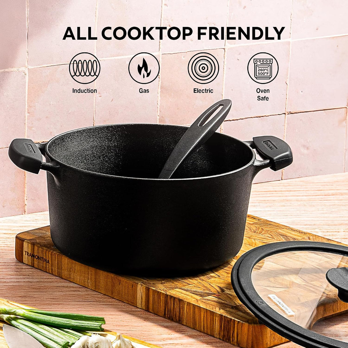 Tramontina TITANEX 20cm / 3.1L Pre-Seasoned Heritage Cast Iron Casserole with Toughened Glass Lid | Gas/Induction Compatible Biryani Pot | Stock Pot with Snap-On Silicone Grips | Life-Time Warranty