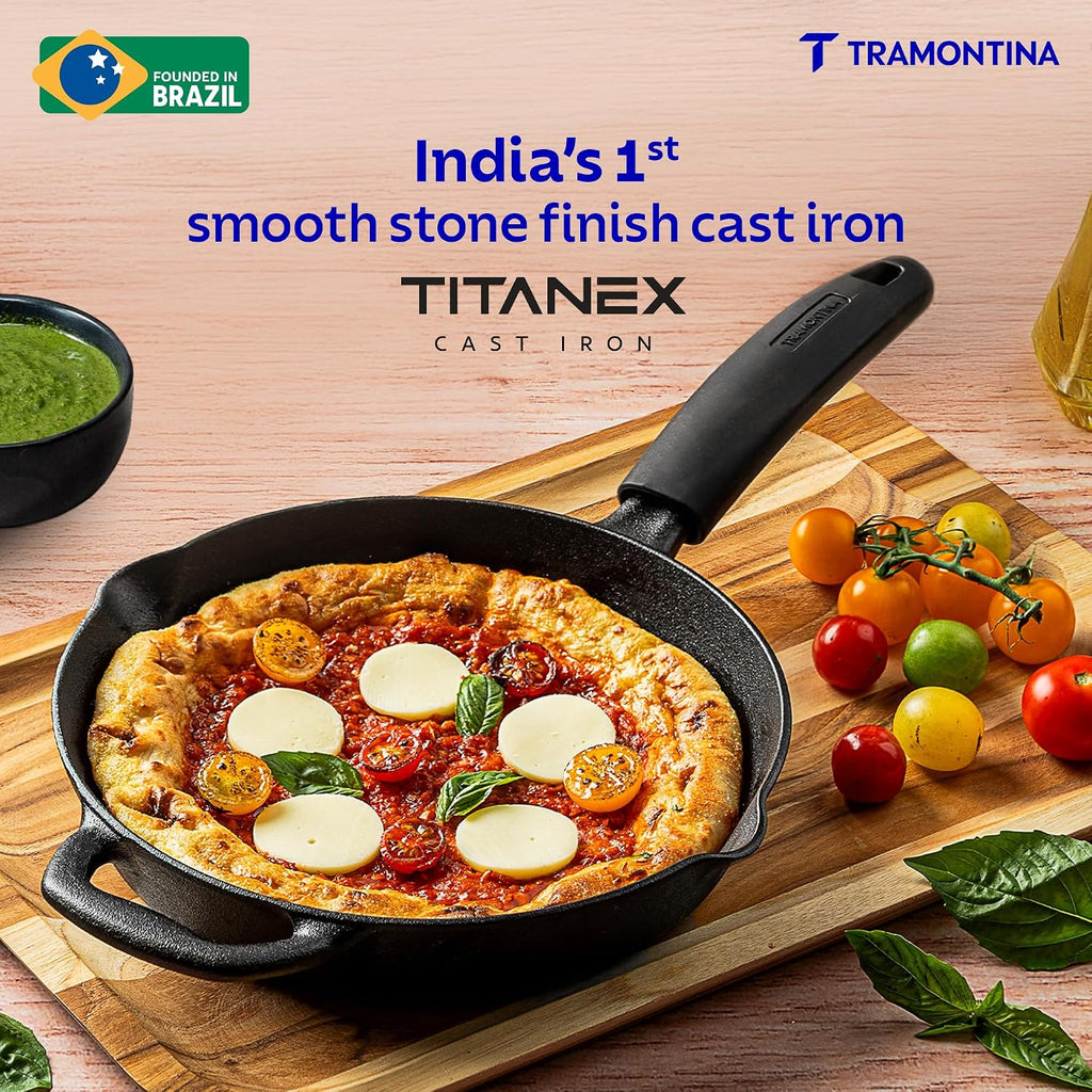 TRAMONTINA Titanex 22cm Cast Iron Fry Pan – Pre-Seasoned Skillet with Pour Spouts | Saute, Stir-Fry, Deep Fry, Sear & Bake | Gas & Induction Compatible | Natural Stone Finish.