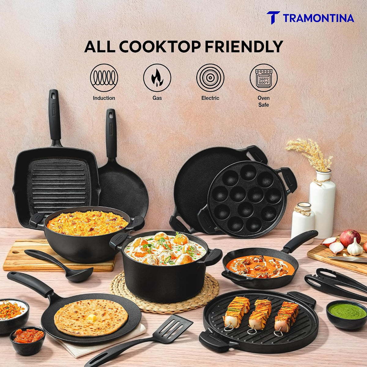 TRAMONTINA Titanex 26 cm Pre-Seasoned Cast Iron Paniyaram | Appe Pan – 12 Pits | Non-Toxic | Induction Ready | Toughned Glass Lid | Snap-on Cool Touch Grips | Superior Heat Retention.