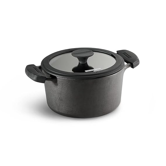 Tramontina Titanex 20 cm Pre-Seasoned Cast Iron Biryani Pot – 3.1L, Non-Toxic, Induction Ready, Toughned Glass Lid with Steam Release, Snap-On Cool Touch Grips, Excellent Heat Retention & Even Heating