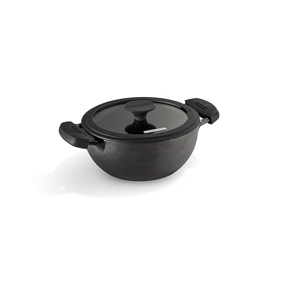 TRAMONTINA Titanex 20 cm Pre-Seasoned Cast Iron Deep Kadai – 2.3L, Non-Toxic, Induction Ready, Toughned Glass Lid w/Steam Release, Snap-On Cool Touch Grips, Excellent Heat Retention & Even Heating