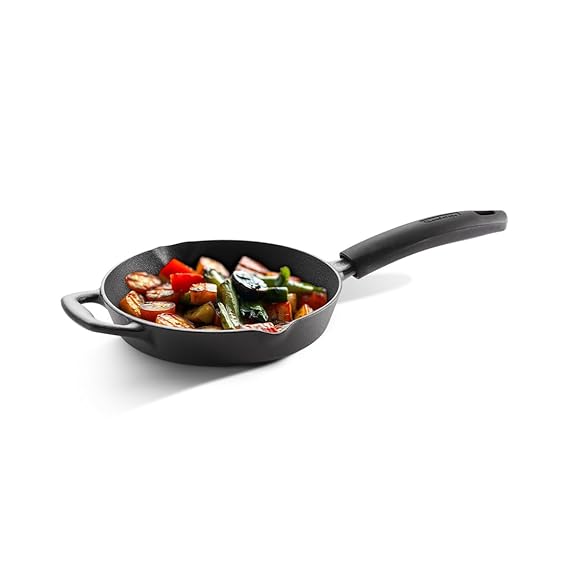 TRAMONTINA Titanex 20 cm Pre-Seasoned Cast Iron Fry Pan, Non-Toxic, Induction Ready, Easy Hold Non-Slip Heat-Resistant Grip, Natural Stone Finish, Superior Heat Retention, Spill-Free Side Spouts