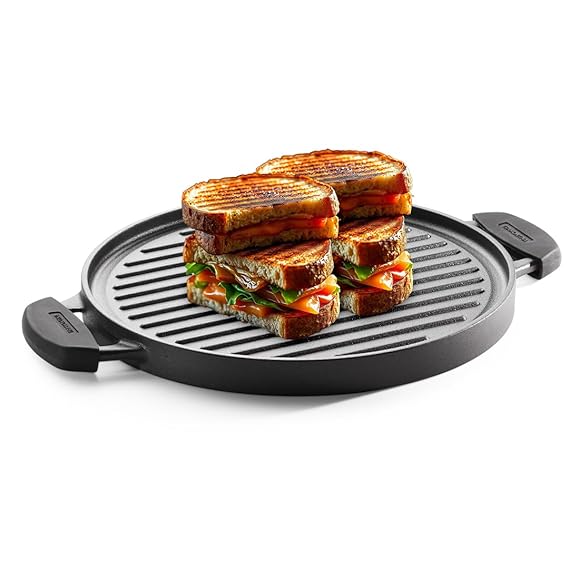 Tramontina Titanex 30 cm Pre-Seasoned Cast Iron Reversible Grill Pan/Tawa, Non-Toxic, Snap-on Cool Touch Grips, Long Heat Retention, Ridges for Texture & Fat Release, Spill-Free Cooking w/Side Wall